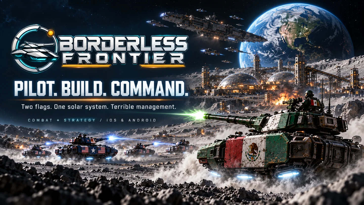 Borderless Frontier promotional artwork: hover tanks, lunar bases, and Earth